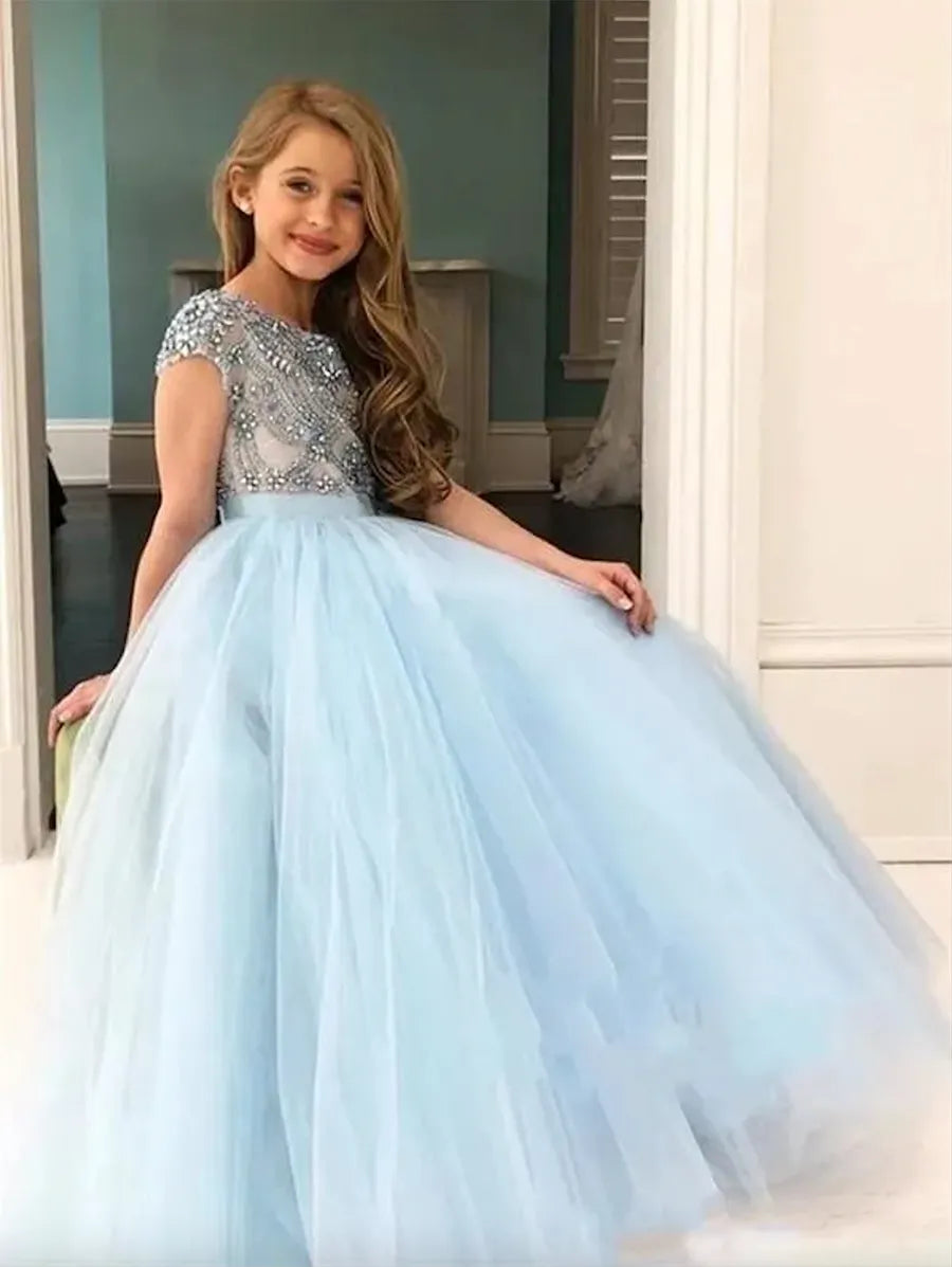 Princess Light Blue Girls Pageant Dresses Jewel Neck Tulle Silver Crystal Beads Short Sleeves Kids Flower Girls Dress Ball Gown Birthday Gowns Floor Length