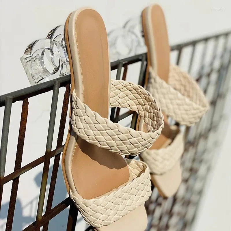 Slippers Women Weave Woman Summer Transparent High Heels Female Square Toe Slides Ladies Casual Fashion Shoes Footwear