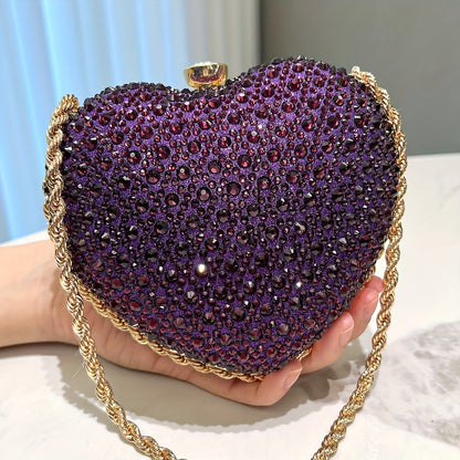 Rhinestone Heart-Shaped Clutch Purse, Fashionable Evening Bag With Chain Strap, Glittering Elegant Handbag For Parties, Prom, Weddings