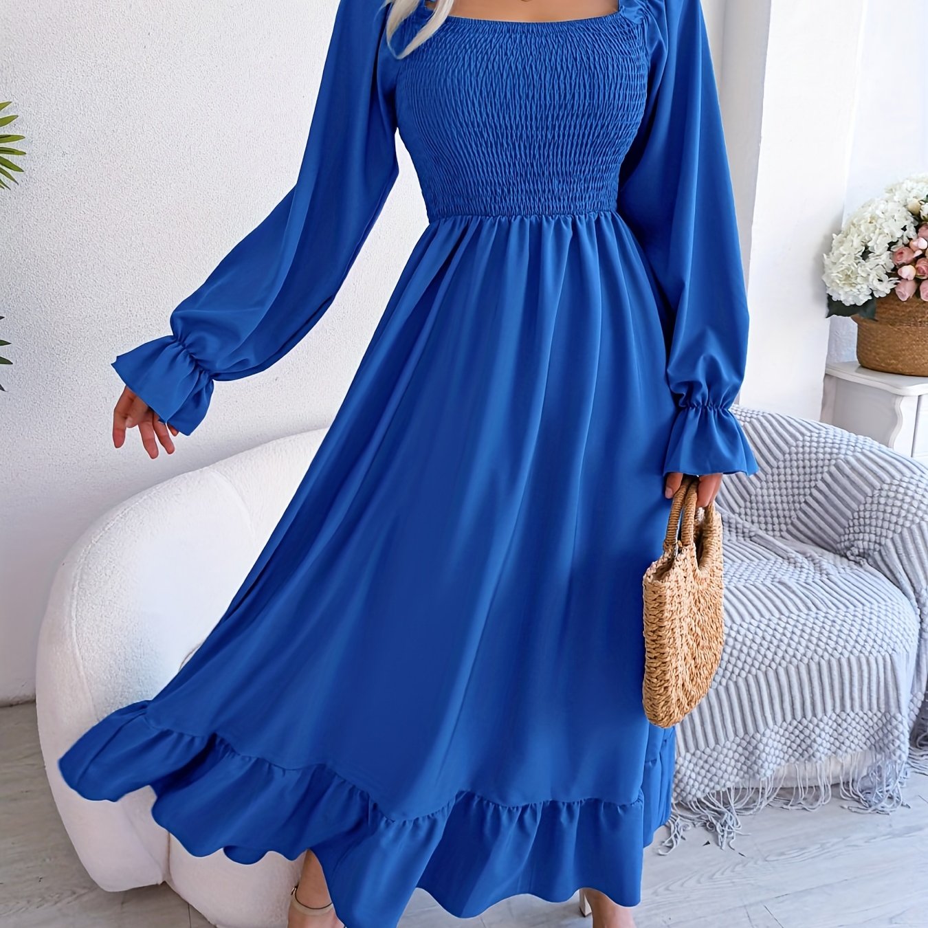 Bold Solid Squared Neck Lantern Sleeve Maxi Dress - Fashionable High Waist, Backless & Ruffled Hem - Alluring Casual Style for Women - Long, Flowing & Versatile