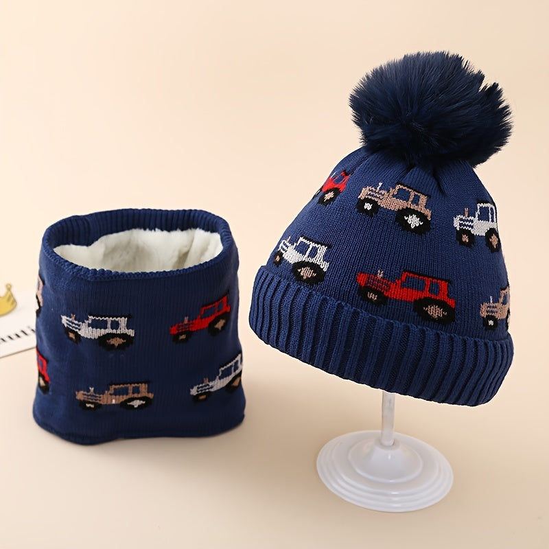 Festive Kids' Knit Hat and Scarf Set: 3-8 Years Old, 16cm/6.3inch Hat, 18cm/7inch Scarf, 19cm/7.48inch Hat, 20cm/7.87inch Scarf, Cartoon Car Pattern, Warm and Cozy, Suitable for Boys 3-14 Years Old