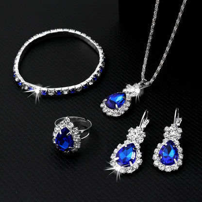 Dazzling Blue Teardrop Jewelry Set for Women - Timeless Elegance in Stainless Steel, 4-Piece Luxurious Style Ensemble, Including Necklace, Bracelet, Ring, and Stud Earrings