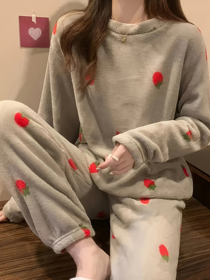 Cozy Strawberry Print Flannel Pajama Set for Women - Long Sleeve Round Neck Top & Elastic Waist Pants, Casual Loungewear, Machine Washable