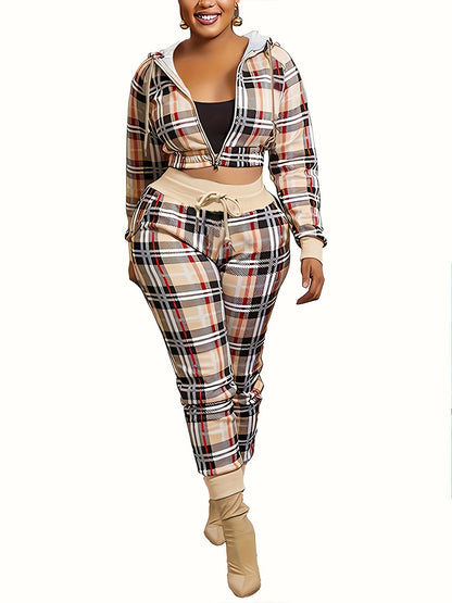 Plaid Casual Two-Piece Set for Women: Zip-Up Crop Hoodie & Drawstring Pants, Mid-Elastic Knit Fabric for Spring/Fall