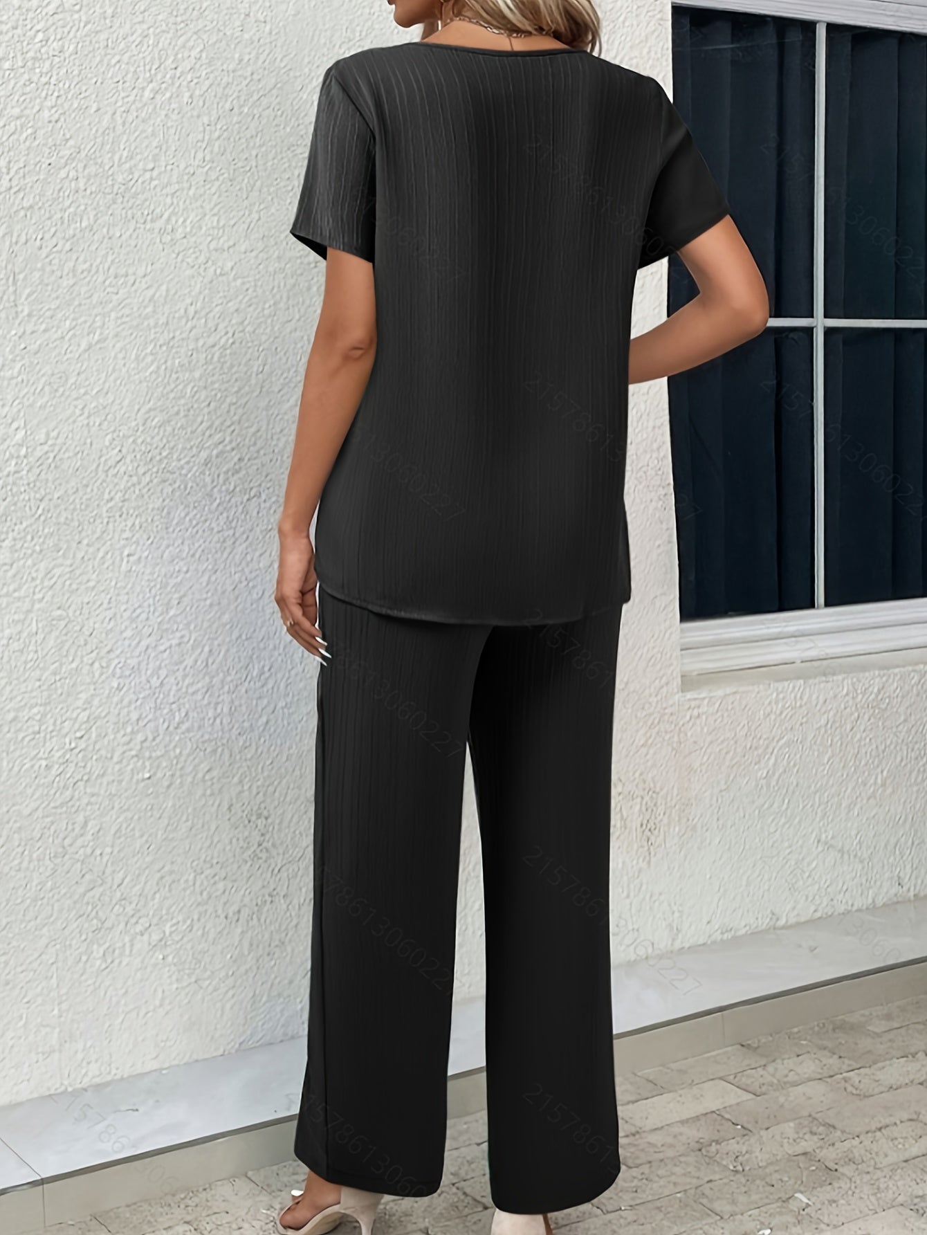 Two-Piece Textured Set - Asymmetrical Hem Short Sleeve Top with Relaxed Fit & Wide Leg Pants Outfits for Women - Comfortable, Chic, and Versatile Clothing for Everyday Wear