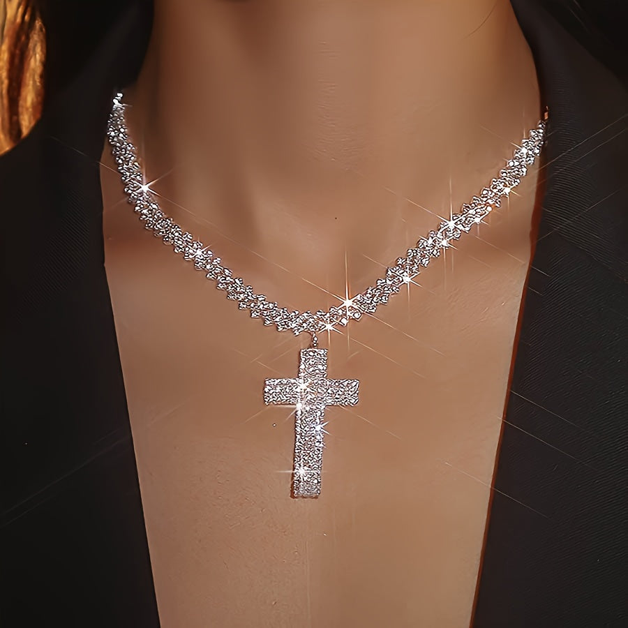 Luxury Multilayer Rhinestone Cross Pendant Necklace Silver Color Neck Jewelry Gift