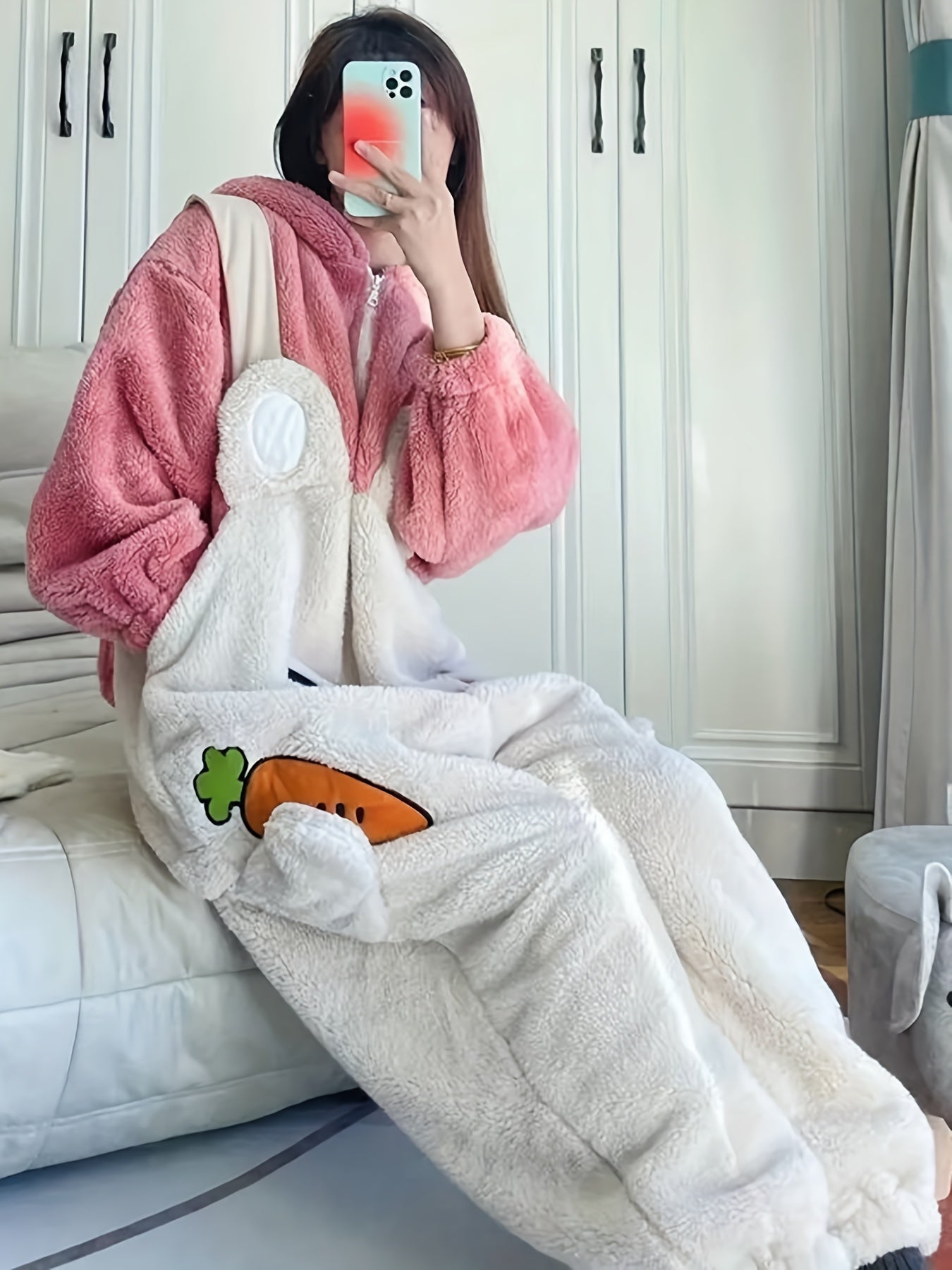 Cartoon Bunny Fuzzy Hooded Night Jumpsuit For Fall & Winter, Cute Long Sleeve Zip Up Pajamas, Women's Sleepwear & Loungewear