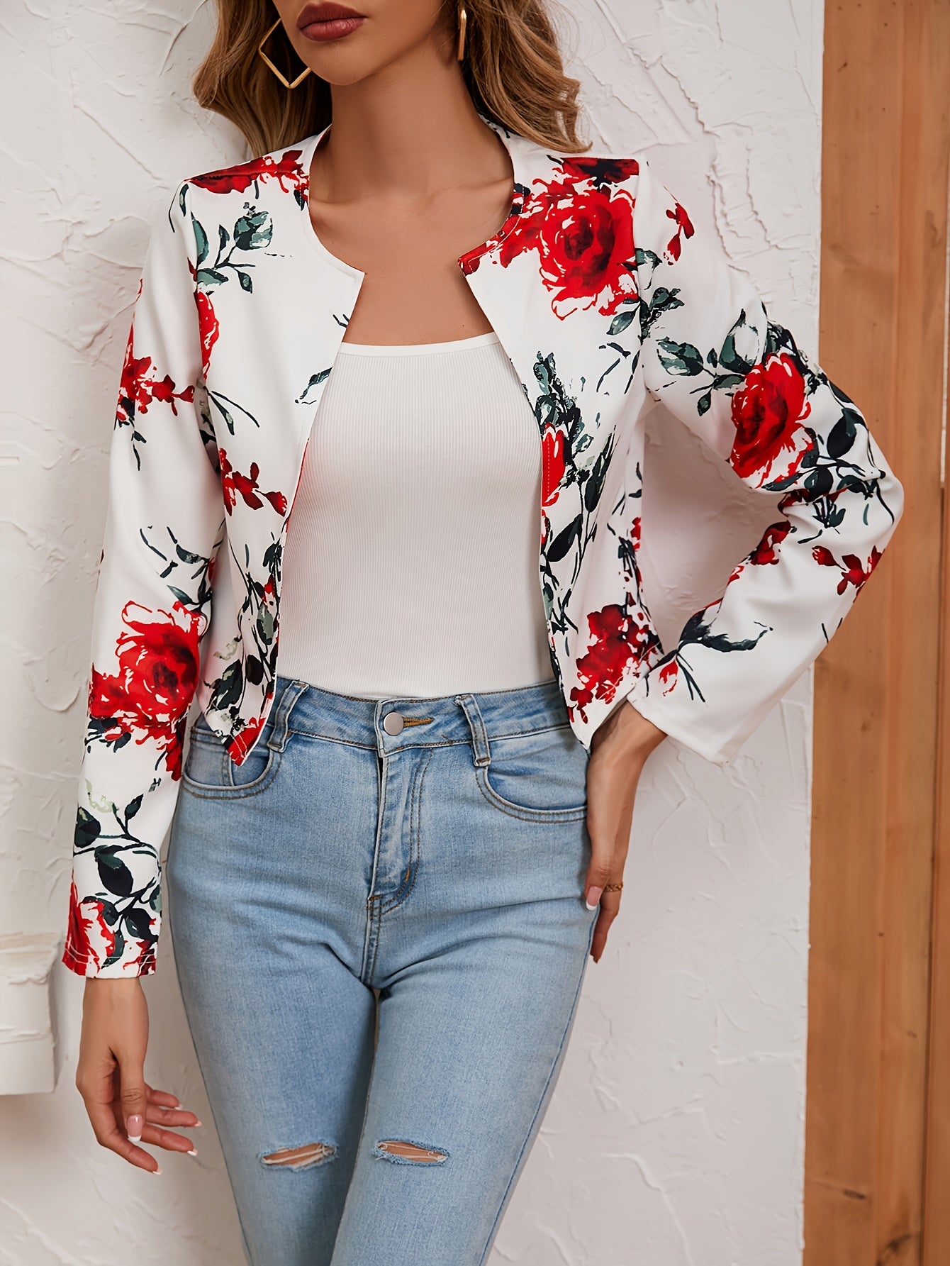 Floral Print Long Sleeve Jacket, Casual Every Day Outerwear For All Season, Women's Clothing