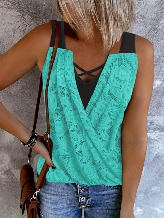 Chic Ruched Sleeveless Tank Top - Lace Detailing, Comfort Fit for Casual Summer Days, Womens Fashion