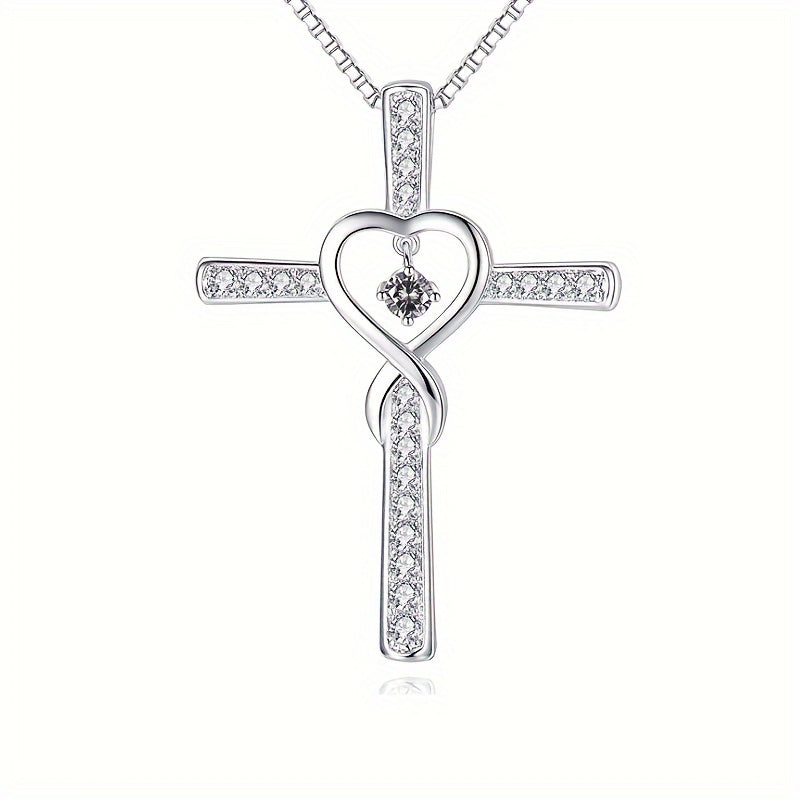 2PCS 925 Sterling Silver Women's Chain Necklace With Cross Pendant, Hypoallergenic Necklace Gift Fashion Cross Religious Belief Inlaid Zircon Pendant