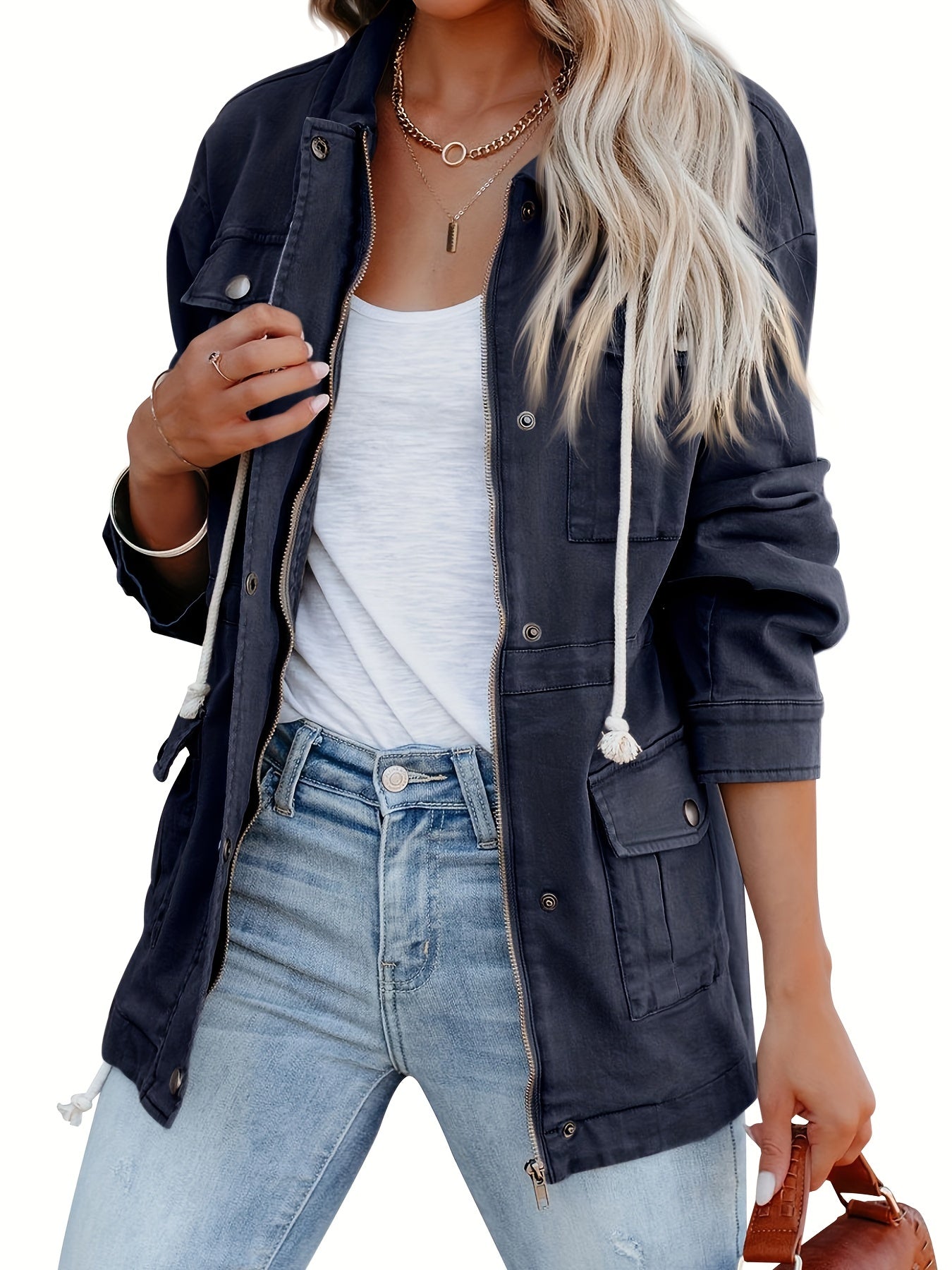 Stylish Women's Military Jacket - Durable, Casual Spring/Fall Outerwear with Button Details, Adjustable Drawstring & Practical Pockets