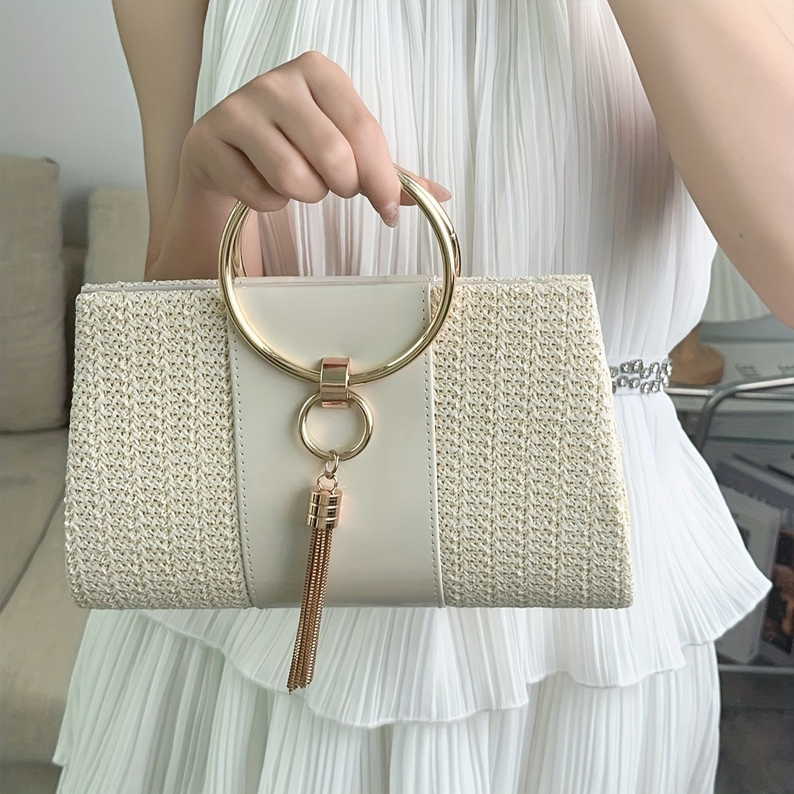 Tassel Decor Straw Evening Bag, Women's Elegant Shoulder Bag With Removable Strap, Summer Beach Woven Metal Ring Handbag Best Gifts for Carnaval