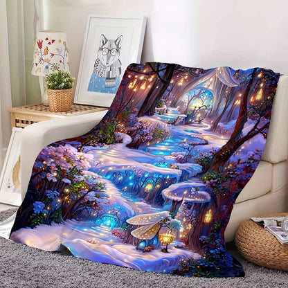 Enchanted Forest Snow Scene Printed Flannel Throw Blanket - Soft Cozy Warm Multipurpose Office, Outdoor Camping Travel Quilt - All-Season Lodge Style Tear & Stain Resistant Polyester Bedding with Quilting Craftsmanship - 1 Piece