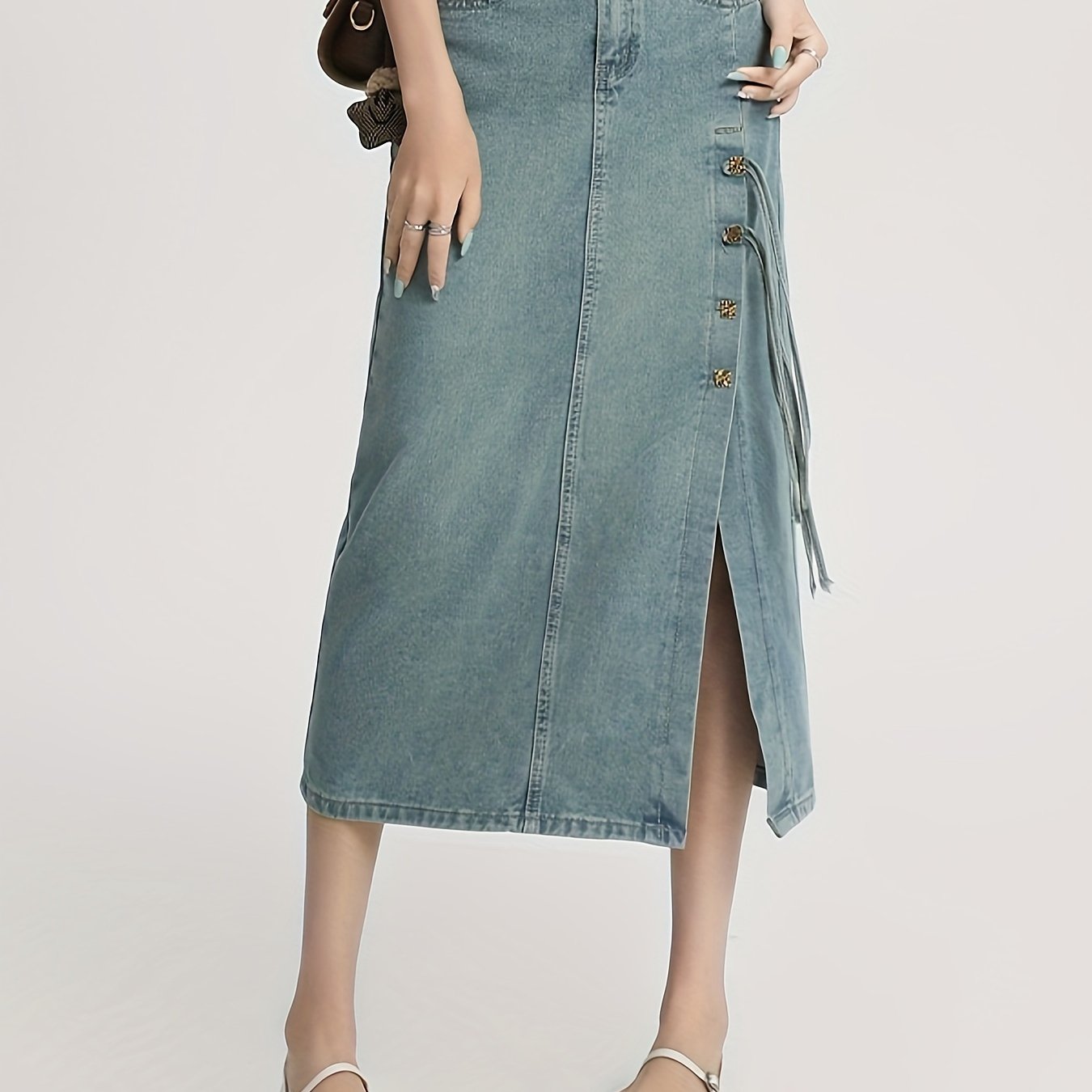 Womens High-Waisted Elegant Denim Midi Skirt - Versatile Summer Skirt with Side Slit, Buttons, Tassel Detail, and Classic Portrait Pattern - Non-Stretch, Woven, and Perfect for Spring, Summer, and Fall Seasons