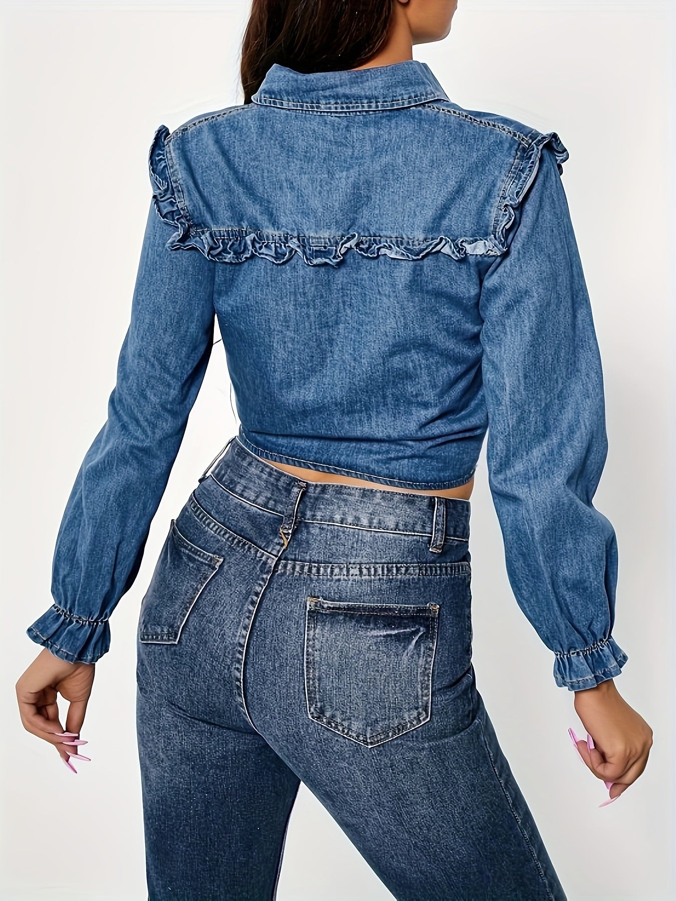 Frilled Knot Front Flounce Sleeve Denim Shirt Top, Lapel Patch Pocket Elegant Denim Top, Women's Denim Jeans & Clothing