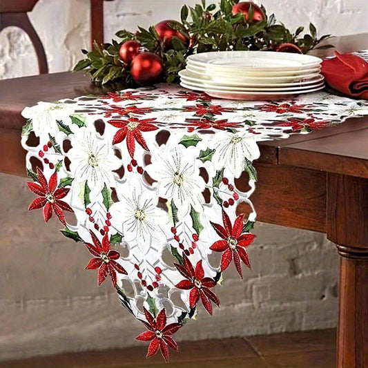 Festive Christmas Floral Embroidered Lace Table Runner and Placemats Set – Elegant Polyester Holiday Decor for Dining Room