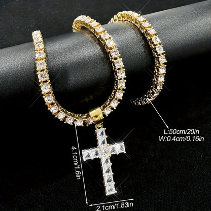 2pcs/Set Hip-hop Miami Cuban Chain Zircon Cross Necklace For Women Men Iced Out Rhinestone Rapper Punk Unisex Necklace Jewelry Gifts