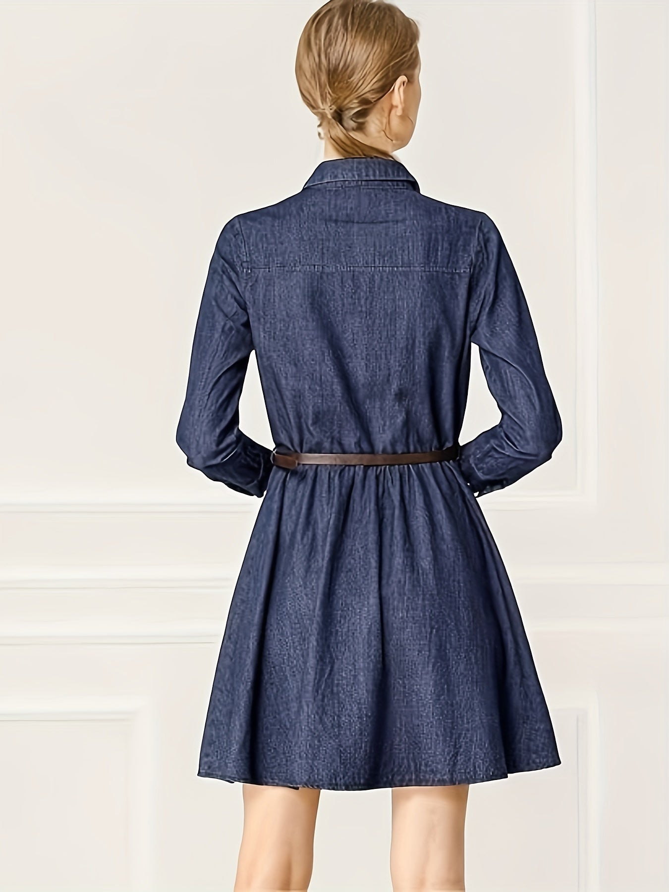 Plain Dark Blue Belted Elegant Denim Dress, Long Sleeve Single-breasted Pleated Flare Denim Shirt Dress, Women's Denim Jeans & Clothing