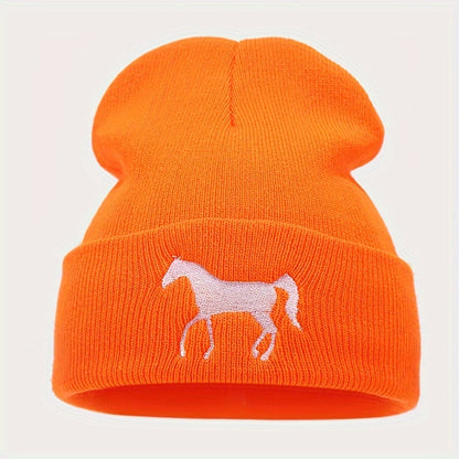 1pc Stylish Horse Embroidery Knitted Beanie Hat - Soft, Warm, and Fashionable for Men and Women Outdoor Activities - Unisex All-Match Design for Casual Wear