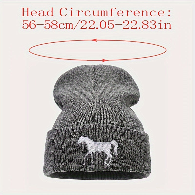 1pc Stylish Horse Embroidery Knitted Beanie Hat - Soft, Warm, and Fashionable for Men and Women Outdoor Activities - Unisex All-Match Design for Casual Wear