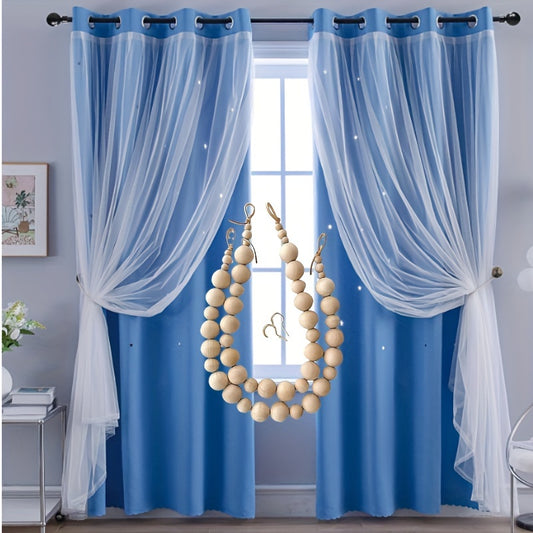 4Pcs Set Of 2 Pieces 41X85 Inch Star Curtain + 2 Pieces Nordic Style Wooden Bead Curtain Strap Double Curtain Bedroom Curtain Blackout Hollow Star Curtain Romantic Curtain