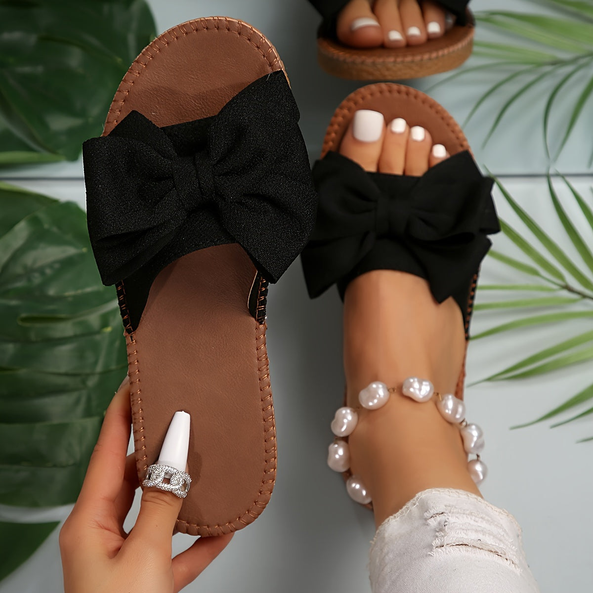 Stylish Bowknot Flat Sandals - Comfy Slip-On Open-Toe Non-Slip Summer Slides with Breathable Design, Soft Insoles, and Adjustable Straps for Women - Perfect Beach Shoes for Vacation and Outdoor Activities