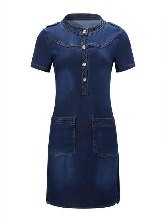 Women's Summer Casual Short Sleeve Denim Dress, Plain Jean Dress With Stand Collar, Fashionable Dress