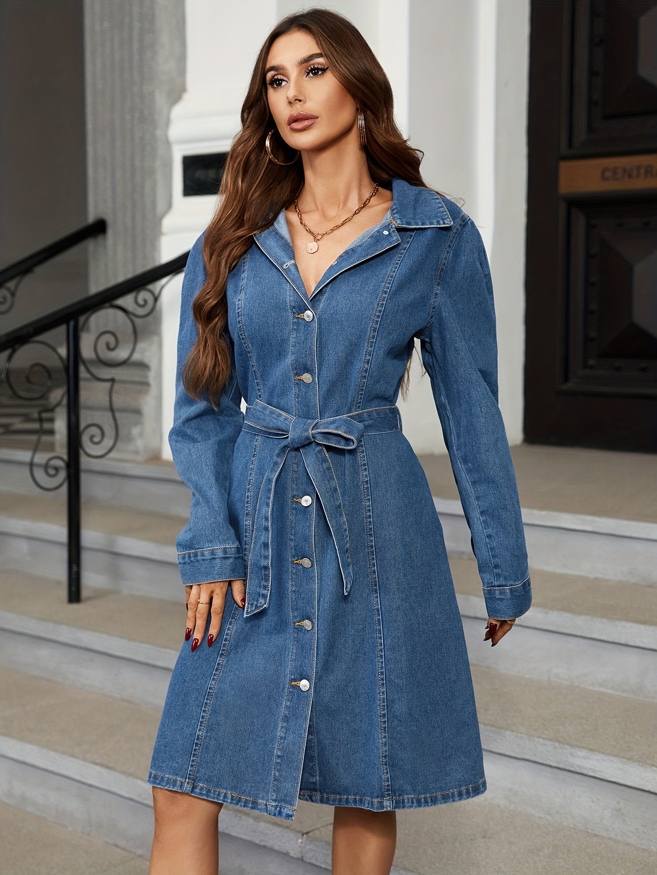 Blue Long Sleeves Denim Dress, Single Breasted Button With Waistband Lapel Denim Dress, Women's Denim Clothing