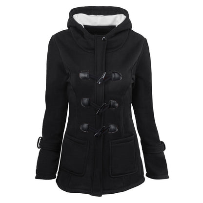 LOVECCR explosion autumn and winter hooded blended horn leather buckle medium and long coat jacket cotton clothes women thickened