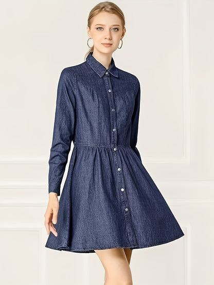 Plain Dark Blue Belted Elegant Denim Dress, Long Sleeve Single-breasted Pleated Flare Denim Shirt Dress, Women's Denim Jeans & Clothing