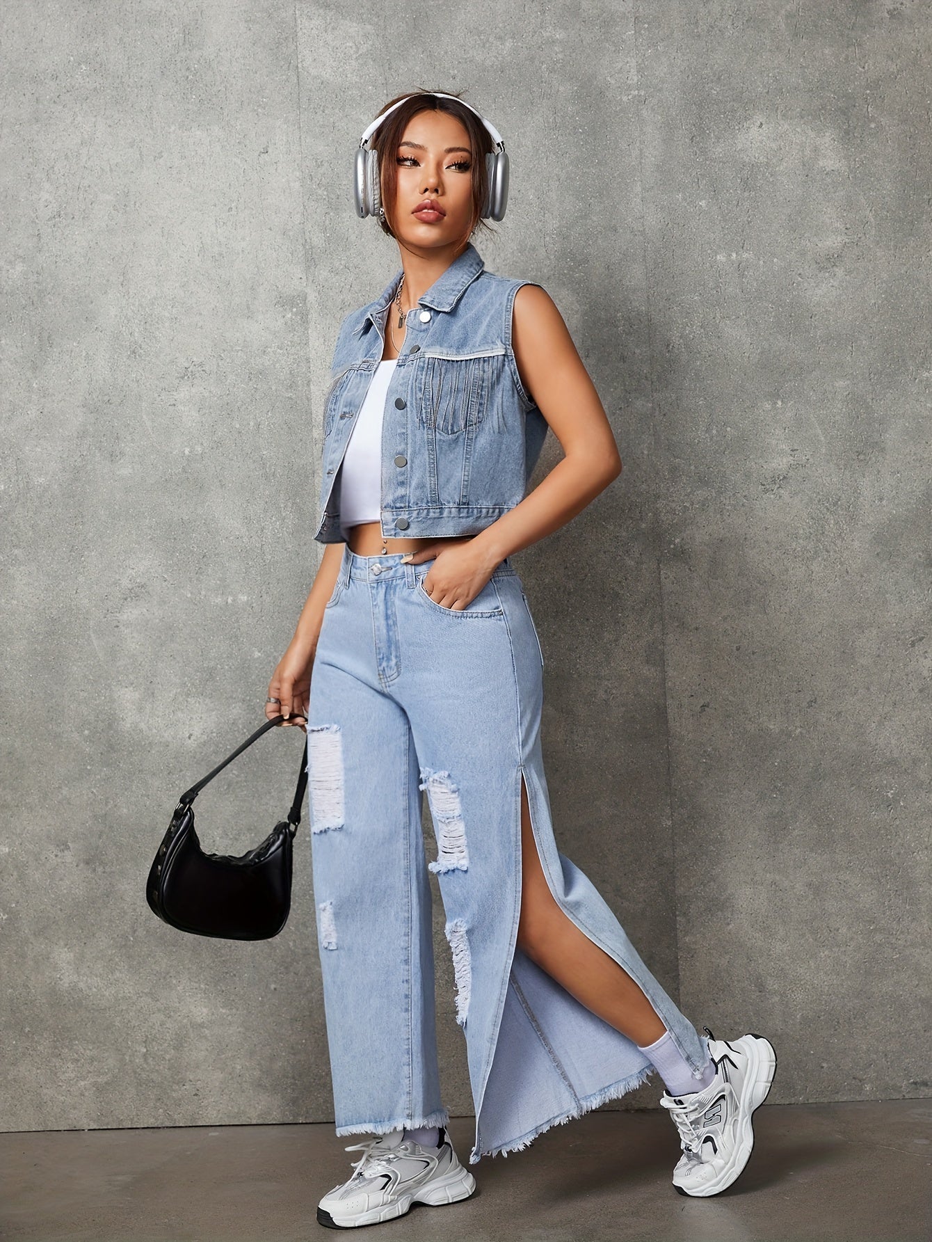 Fringe Decor Sleeveless Lapel Denim Vest, Single-breasted Light Washed Blue Denim Jacket Top, Women's Denim Jeans & Clothing