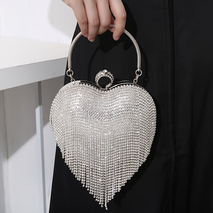 Rhinestone Fringed Heart Shaped Evening Bag, Luxury Shiny Tassel Handbag, Women's Dress Purse For Wedding Party Prom Banquet