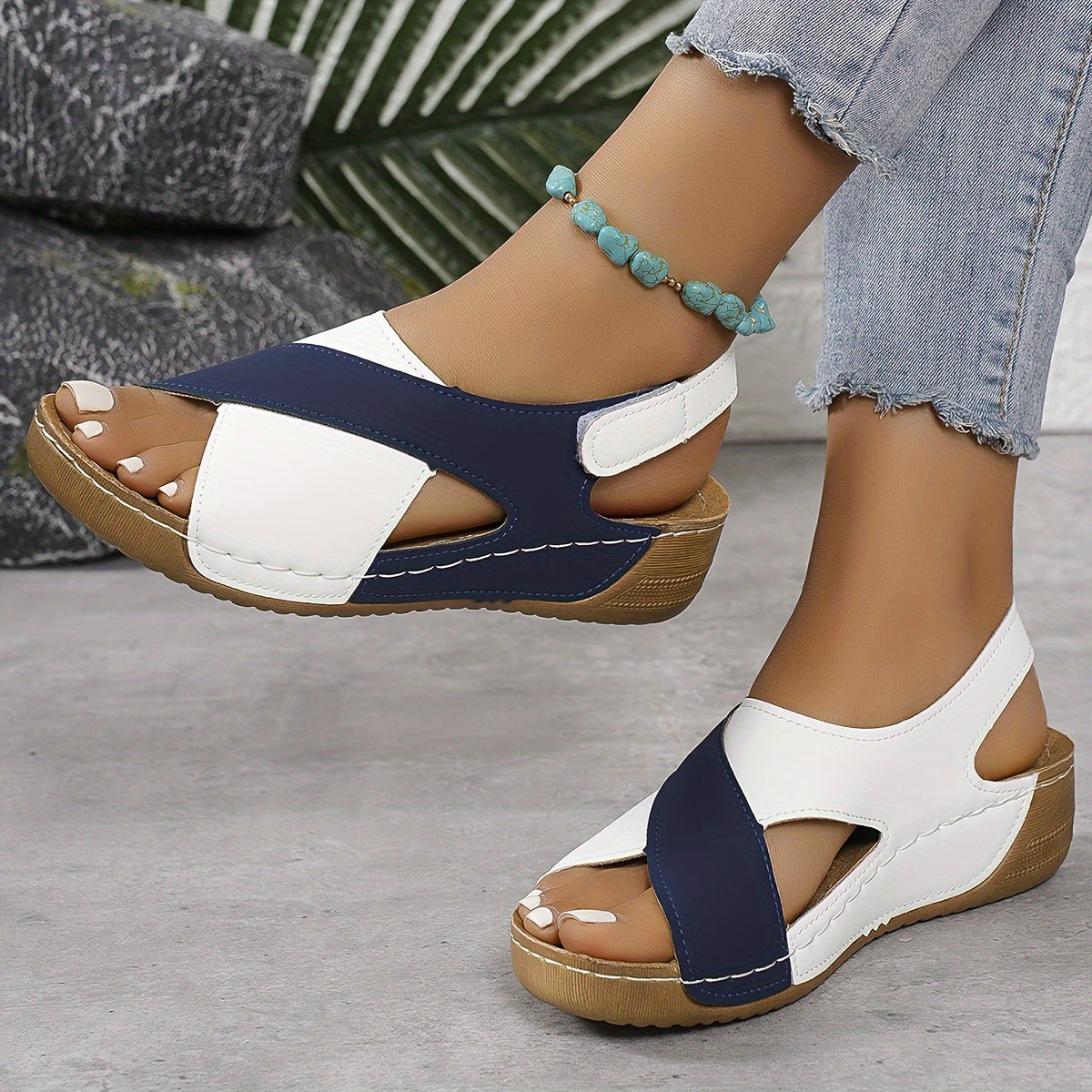 Vibrant Wedge Heeled Sandals - Ultra-Comfortable, Open Toe, Adjustable Ankle Strap, Contrast Color Block Design - Womens Casual Summer Shoes for Warm Weather