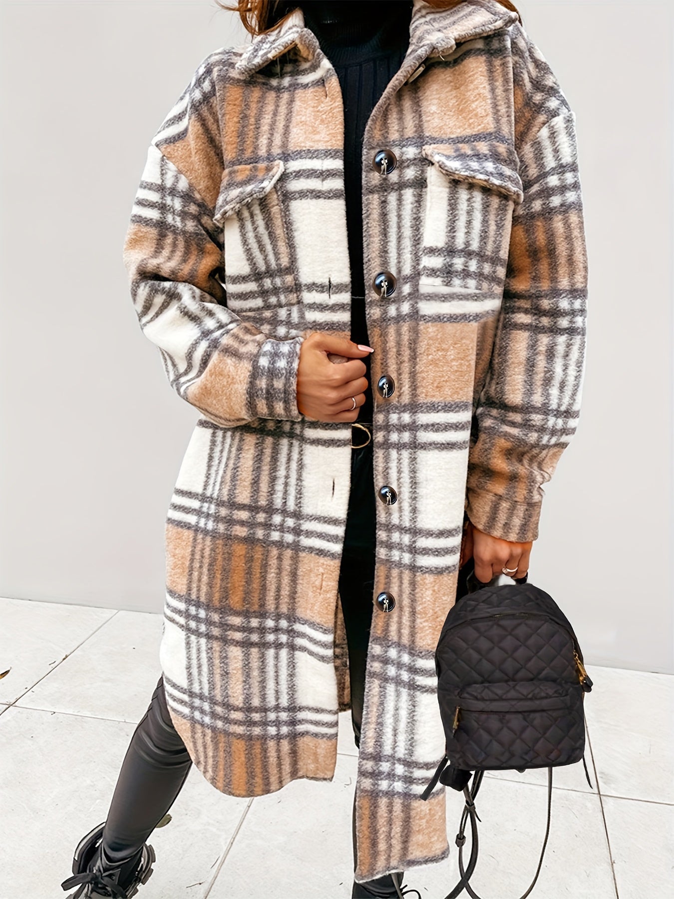 Cozy Plaid Brushed Jacket - Casual Long Sleeve Mid-length Loose Fit Women's Outerwear for Everyday Wear - Soft, Warm, and Stylish