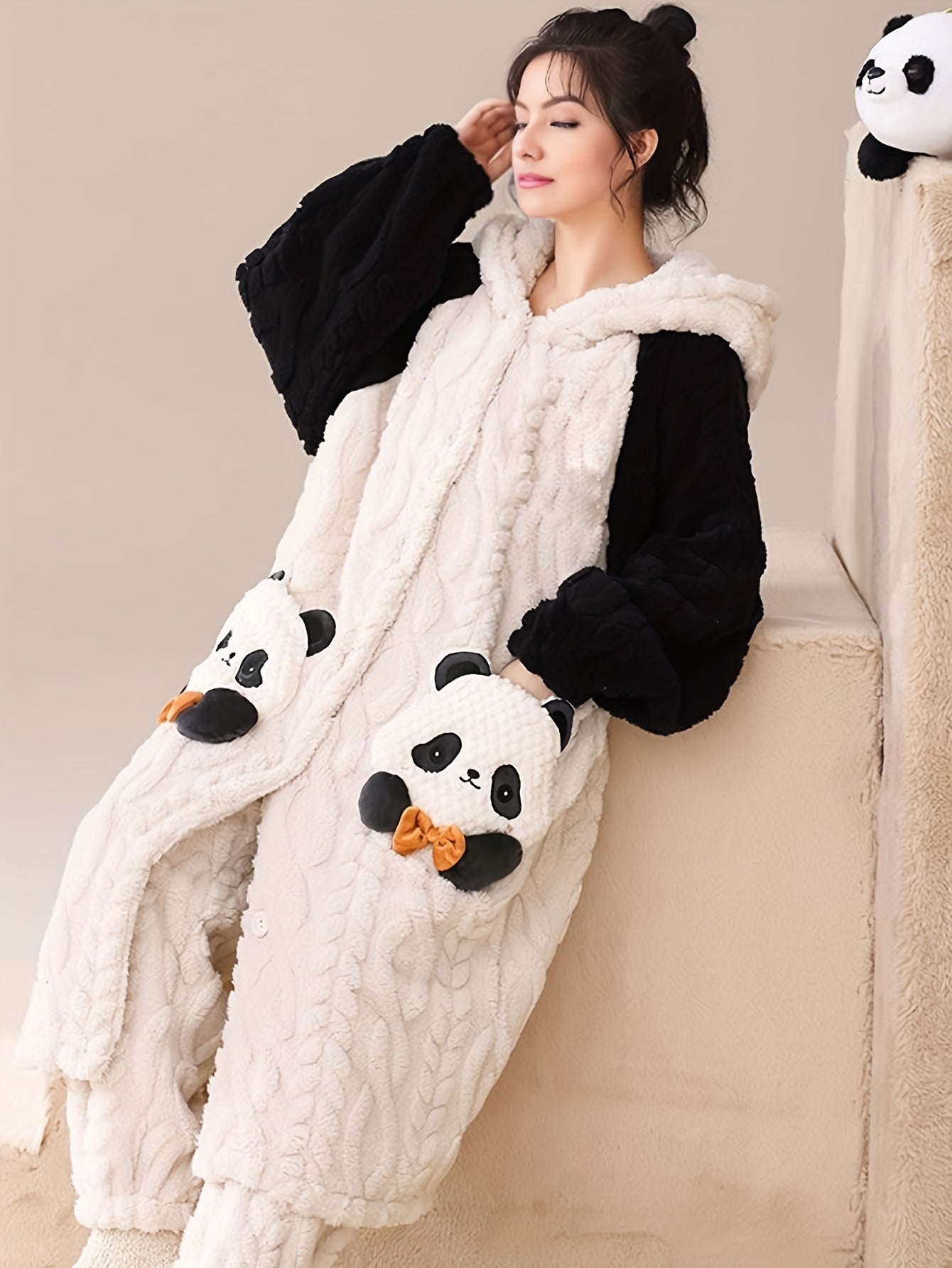 Cute Cartoon Panda Fleece Thickened Jacquard Night Robe For Fall & Winter, Raglan Sleeve Hooded Loose Fit Robe With Pockets, Women's Sleepwear & Dresses