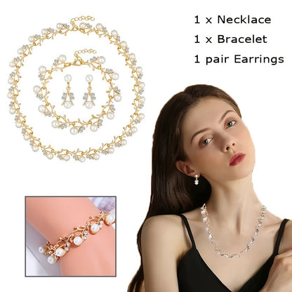 Elegant & Luxurious 14K Gold-Plated Pearl Set: Necklace, Bracelet, Earrings - Timeless Style for Music Lovers