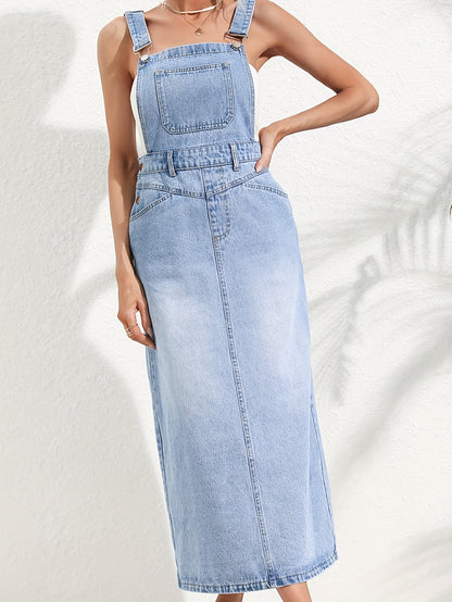 Women's Casual Denim Overalls Dress, Stylish Fashion Full Length Jean Pinafore With Adjustable Straps, Versatile Dress-Up For Daily Wear For Fall & Winter