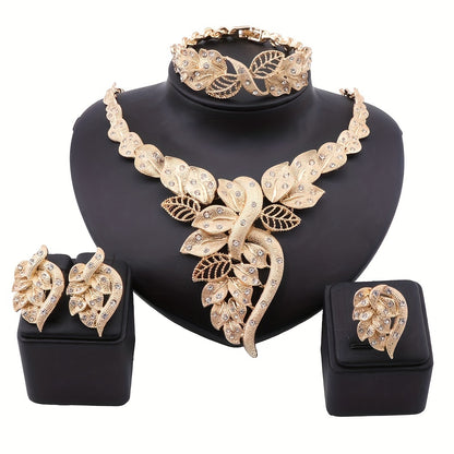 Earrings + Necklace + Bracelet + Ring Elegant Jewelry Set 18k Gold Plated Sparkling Flower Design Pick A Color U Prefer