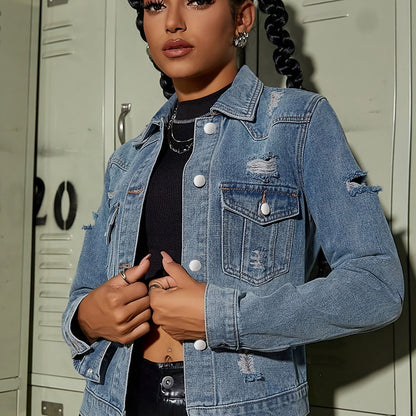 All-Season Chic & Stylish Ripped Denim Jacket - Versatile, Casual Woven Fabric with Long Sleeves and Classic Lapel, Perfect for Every Outfit