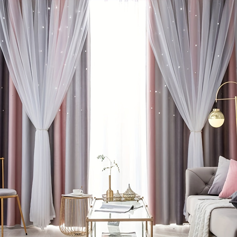 1pc Star-Patterned Gradient Sheer Double-Layered Curtain - Elegant Privacy & Light Filtering for Bedroom and Living Area