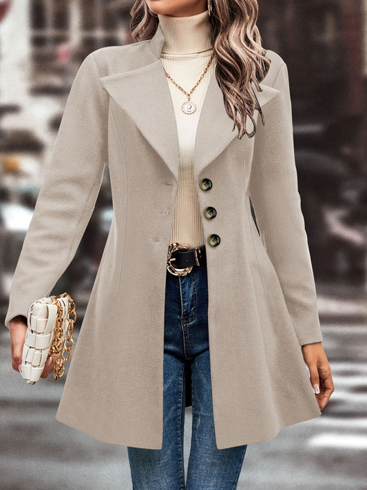 Classic Single Button Lapel Long Sleeve Solid Color Polyester Knit Overcoat - Elegant Winter Outwear with Micro Elasticity and Versatile Style - Perfect for Womens Formal Occasions