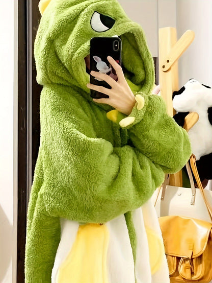 Cute Cartoon Dinosaur Fleece Thickened Night Robe For Fall & Winter, Long Sleeve Hooded Buttons Robe With Pockets, Women's Sleepwear & Dresses