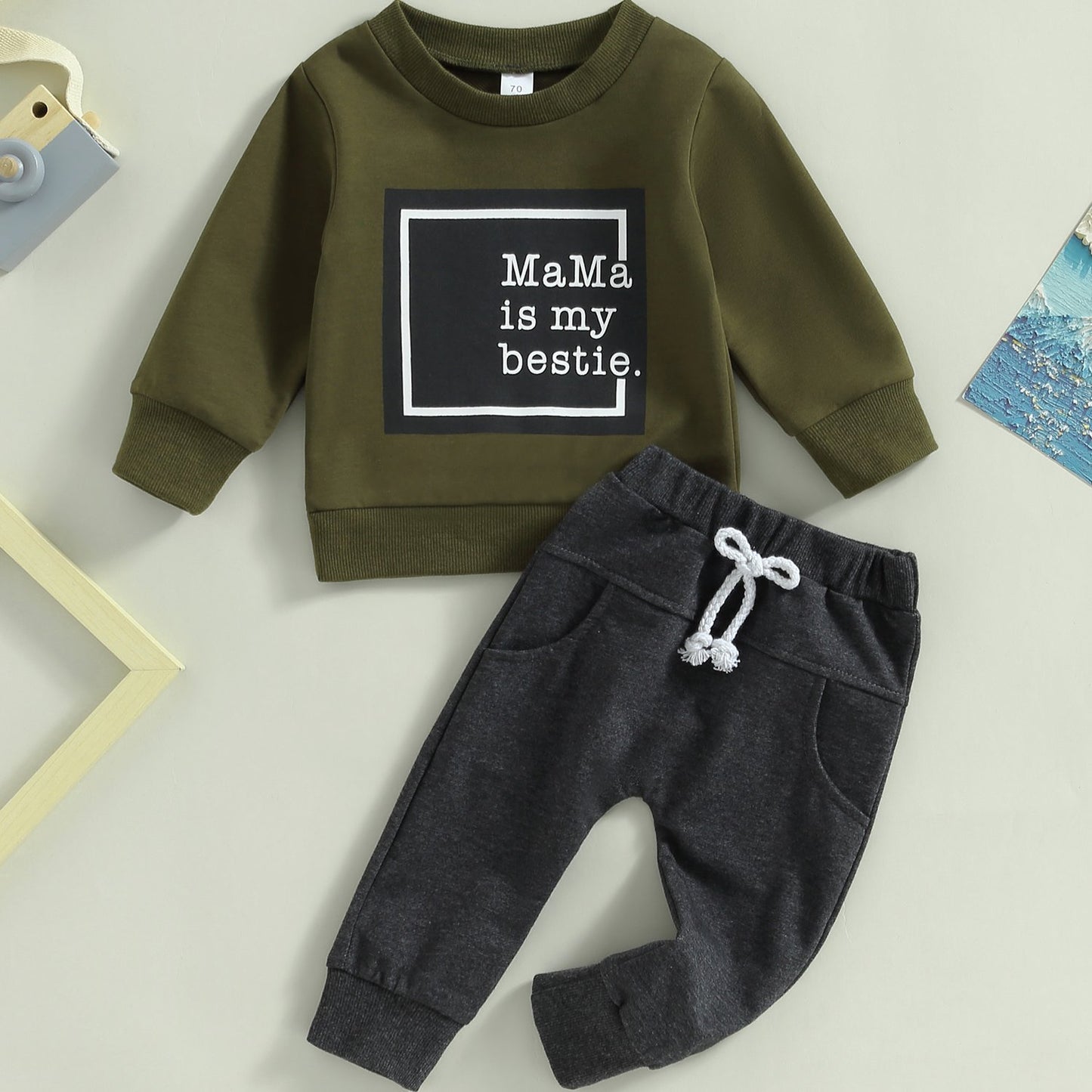 2-Piece Baby Boys' Fashionable Fall Layette Set - Soft Long Sleeve Crew Neck Letter Print Pullover Top and Elastic Waist Pants with Pocket - Comfortable and Adorable Outfit for Little Ones