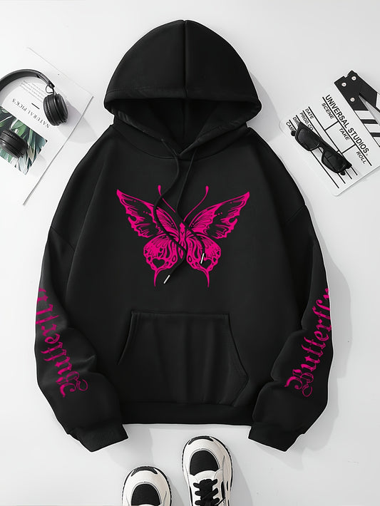 Chic Butterfly & Letter Graphic Hoodie - Comfy Drawstring Design with Kangaroo Pocket, Versatile Casual Wear for Women