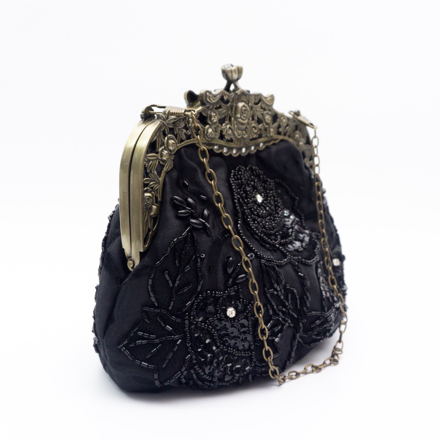 Flower Embossed Beaded Handbag, Kiss Lock Rose Elegant Clutch Bag, Vintage Style Mini Handbag