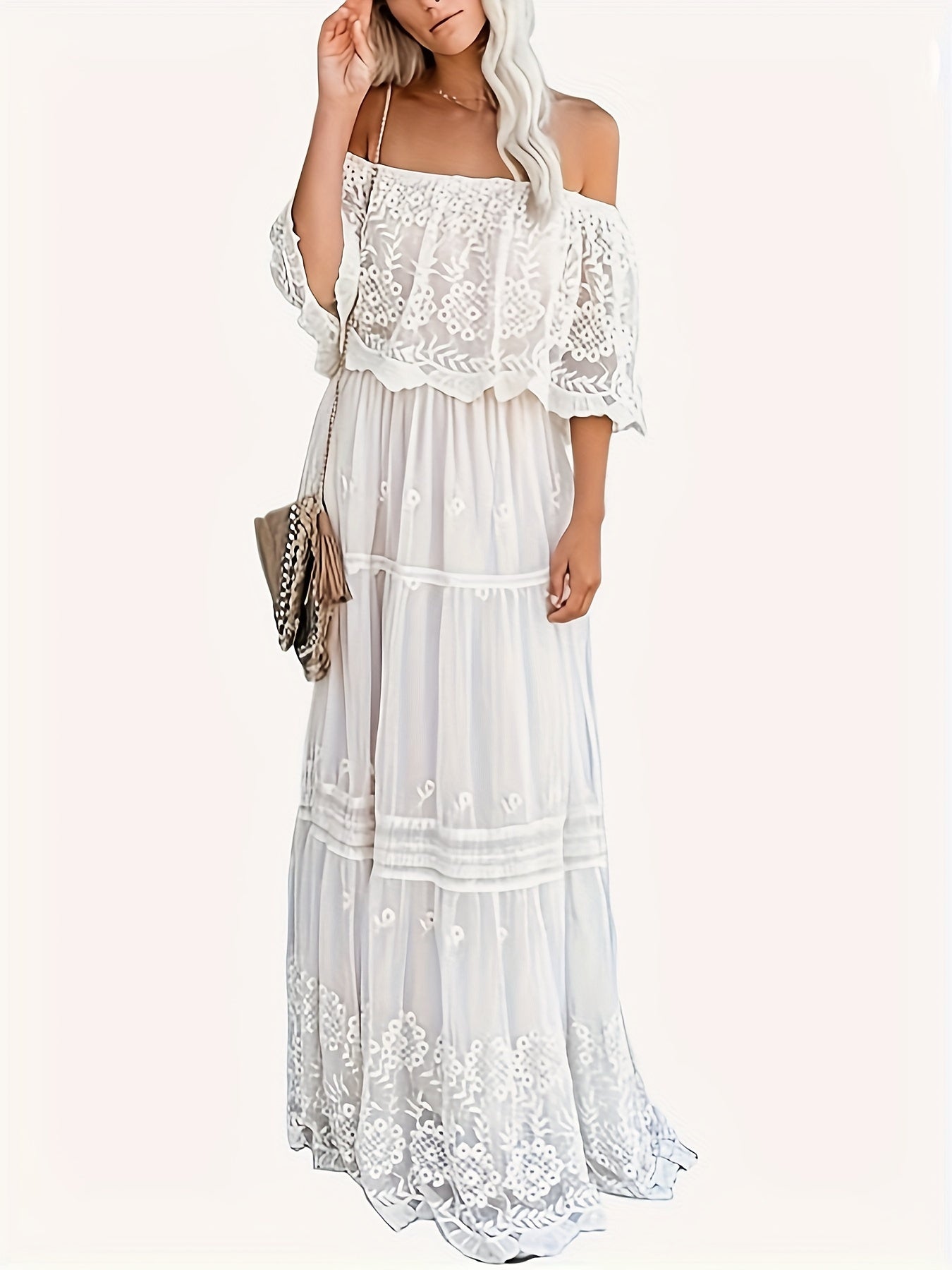 Romantic Off-Shoulder Lace Ruffle Maxi Dress - Flirty Solid Color, Layered Short Sleeves, Perfect for Spring & Summer Vacations - Womens Fashion Clothing