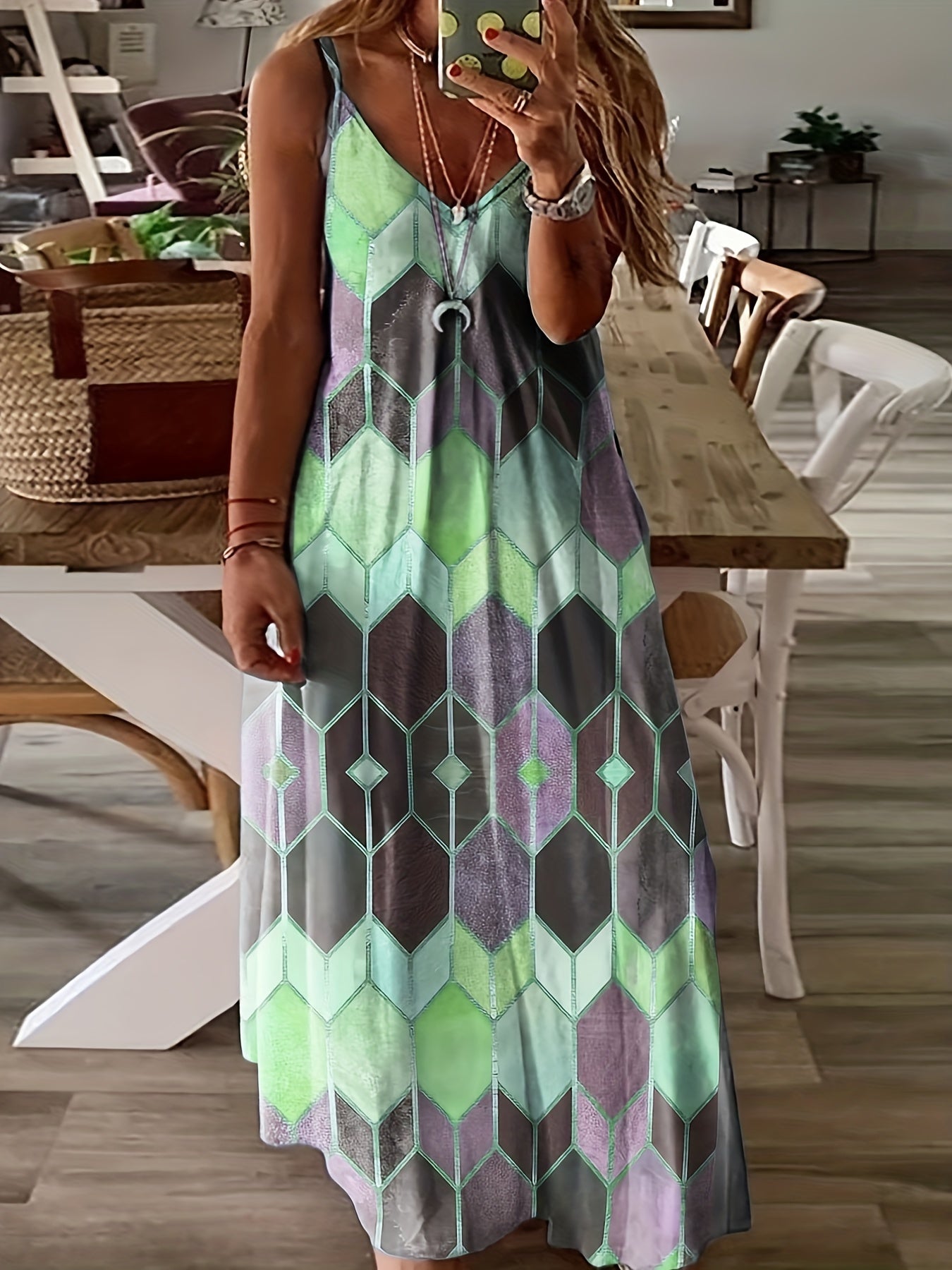 Plus Size Chic Geometric Print Cami Maxi Dress - Flattering Spaghetti Strap V Neckline for Women - Flowy, Casual, and Trendy Long Dress for Summer