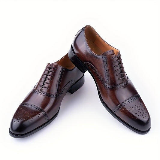 Premium Leather Men's Cap-Toe Oxfords - Brogue Detailing, Durable Lace-up Design - Ideal for Business & Daily Office Wear