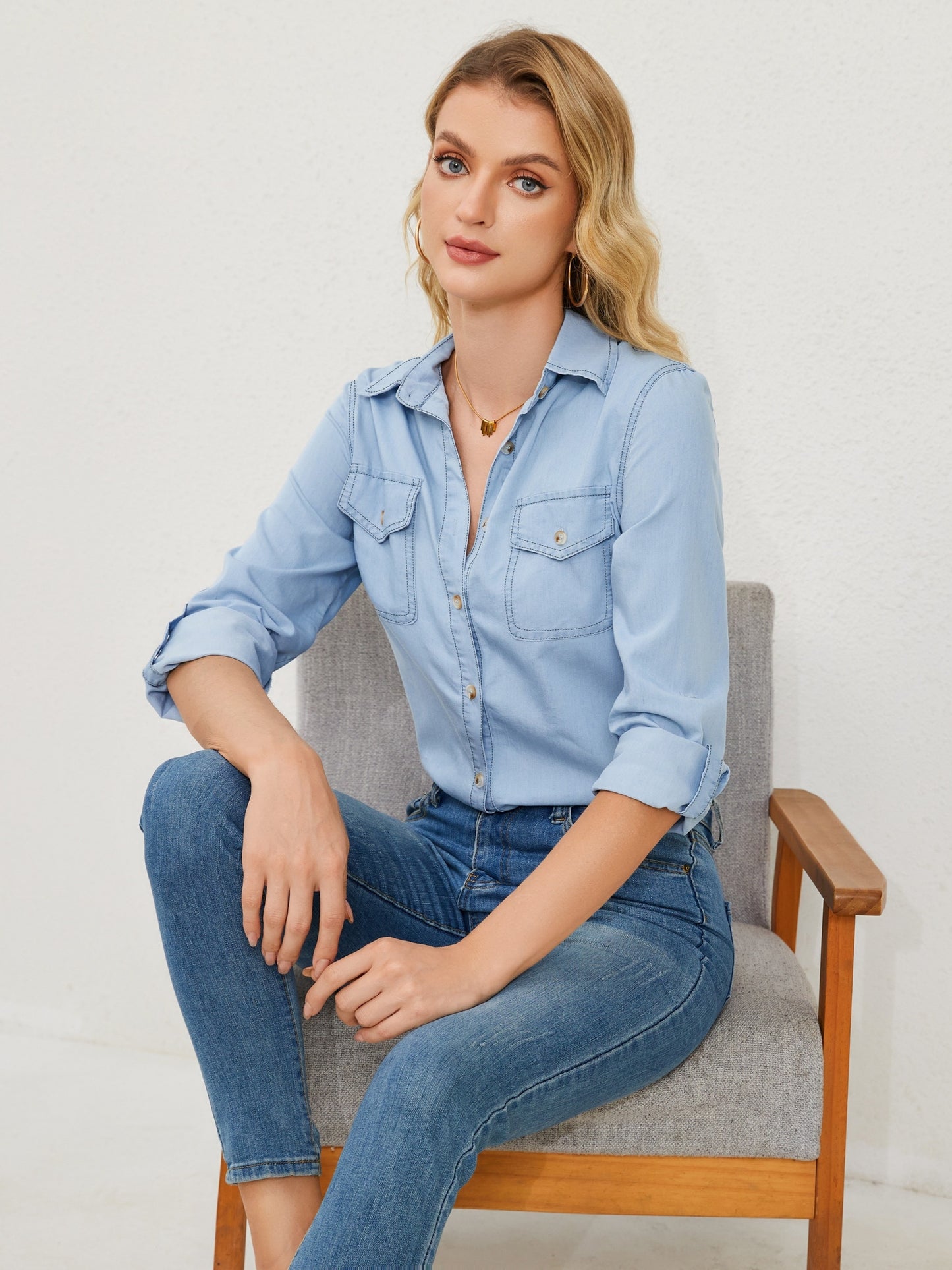 Plain Light Blue Flap Pocket Denim Shirts Top, Long Sleeve Lapel Elegant Denim Shirts, Women's Denim Jeans & Clothing