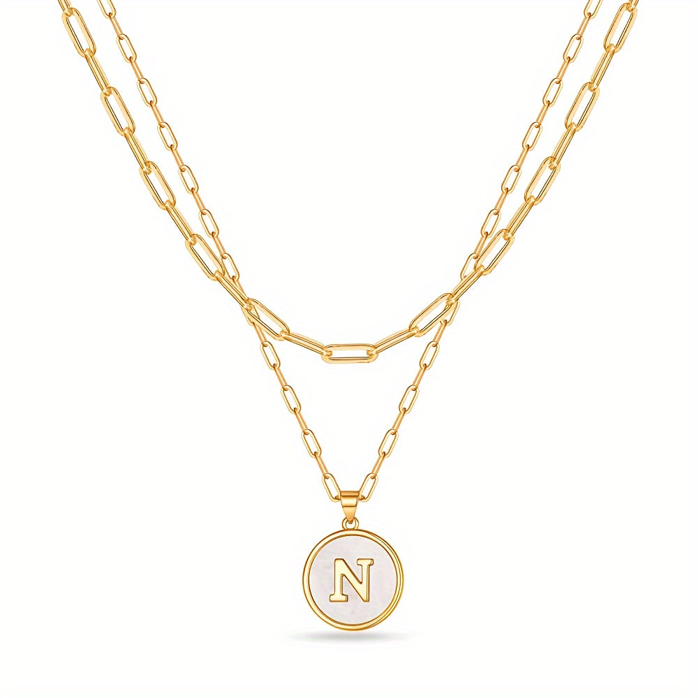 Chic Double-Layered Gold Initial Necklaces - Paperclip Chain with Round Shaped Letter Pendants - Elegant Accessory for Every Occasion